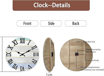 Round Grey Farmhouse Wall Clocks Battery Operated Analog Solid Wood Wall Clocks for Living Room Decor 12 Inch Quiet Wall Clock Non Ticking