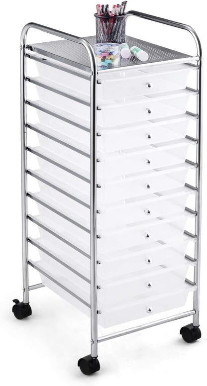 RELAX4LIFE Storage Cart W/10 Drawers,Rolling Wheels Semi-Transparent Multipurpose Mobile Cart for School, Office, Home, Beauty Salon Files Arrangement Storage Organizer Cart (Clear)