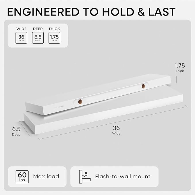Homeforia White Floating Shelves 36 inch, High End Solid Real Wood 36inch Floating Shelf for Wall Mounted, White Wooden 36in Long Floating Shelves, Heavy Duty Bracket, 36 X 6.5 X 1.75 inches, Set of 3
