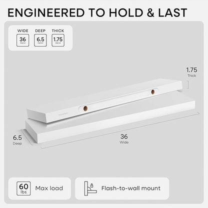 Homeforia White Floating Shelves 36 inch, High End Solid Real Wood 36inch Floating Shelf for Wall Mounted, White Wooden 36in Long Floating Shelves, Heavy Duty Bracket, 36 X 6.5 X 1.75 inches, Set of 3