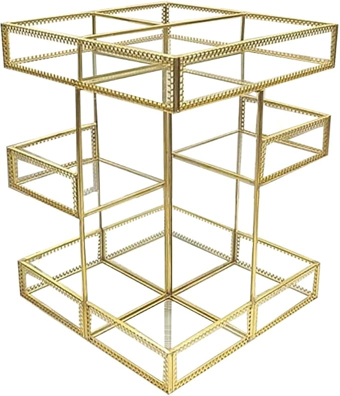 360 Degree Rotation Makeup Organizer Antique Countertop Cosmetic Storage Box Mirror Glass Beauty Display, Gold Spin Large Capacity Holder for Brushes Lipsticks Skincare Toner
