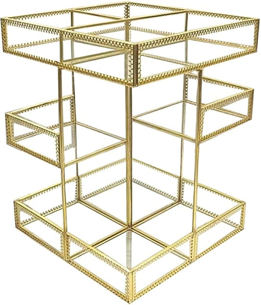 360 Degree Rotation Makeup Organizer Antique Countertop Cosmetic Storage Box Mirror Glass Beauty Display, Gold Spin Large Capacity Holder for Brushes Lipsticks Skincare Toner