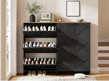 Nicetree Barn Door Shoe Cabinet for Entryway, 3 Flip Drawers Ultra Slim Shoe Storage Cabinet, 3-Tier Adjustable Shelves Shoe Organizer, Narrow Shoe Rack for Small Spaces