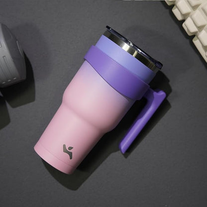 30 oz Tumbler with Handle and 2 Straw 2 Lid, Insulated Water Bottle Stainless Steel Vacuum Cup Reusable Travel Mug,Pastel Sunset