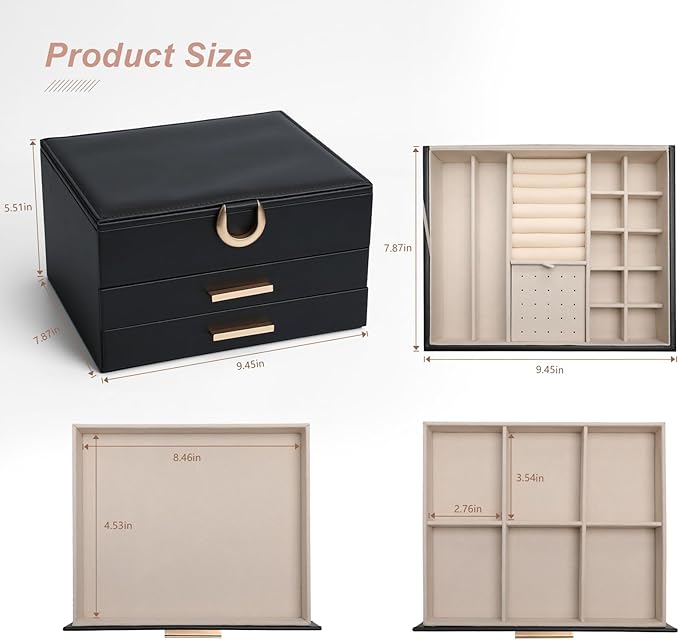 Large Jewelry Organizer Box with Mirror - Features Ring Rolls, Necklace Hooks, Earring Slots, Plush Interior for Luxury Protection Black