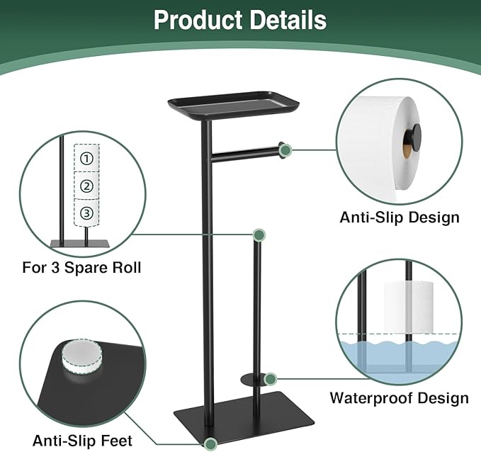 Toilet Paper Holder Stand with Top Storage Shelf, Free Standing Toilet Roll Dispenser for Bathroom, Holds 4 Reserve Rolls