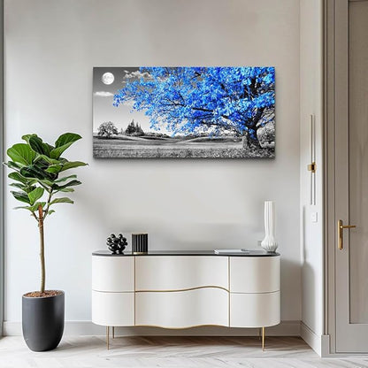 wall art for living room Simple Life Blue moon tree landscape Abstract painting office Wall Decor 20" x 40" single Pieces Canvas Prints Ready to Hang for Home Decoration Black and white Works of art