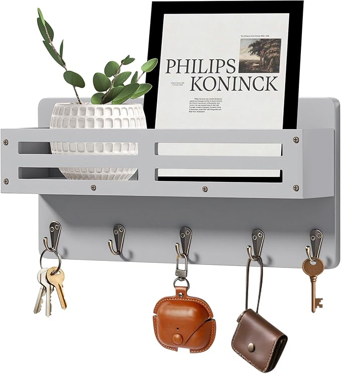 Key Holder Wall Mount Farmhouse Key Hooks for Wall with Mail Organizer Decorative Key Rack with 5 Sturdy Hooks for Dog Leash, Sunglasses, Rustic, Paulownia Key Hanger for Entryway