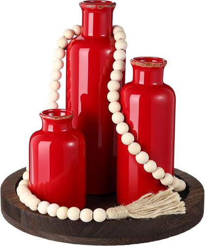5 Pcs Rustic Country Tabletop Centerpieces Decor Set of 3 Boho Ceramic Vases with Wooden Serving Tray Wood Bead Garland Tassels Table Holder for Home Decorations (Red)