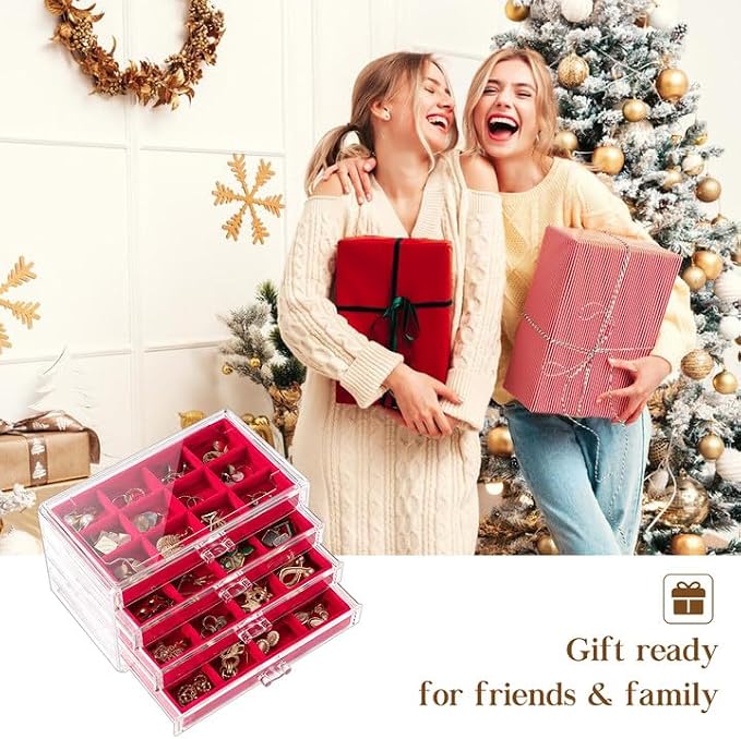 Lolalet Earring Holder Organizer Box Jewelry Storage with 4 Drawers, Clear Acrylic Stackable Earring Case with Adjustable Velvet Trays for Women on Dresser Vanity -Red, 4 Layers