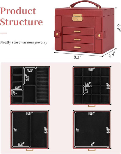 TORIBIO Jewelry Box for Women, Leather Jewelry Organizer with Mirror & Lock, 4-Tier Jewelry Storage Organizer with 3 Drawers for Girls/Women/Mothers, Necklace Earring Bracelets Holder Organizer