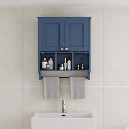 Over-The-Toilet Bathroom Storage Cabinet with Towel Bar, Space-Saving Wall Mounted Medicine Cabinet, 2 Doors & 1 Adjustable Shelf, Easy Install Blue Finish for Bathroom, Kitchen, Living Room
