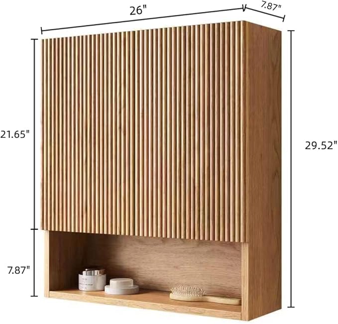 26" Wall-Mounted Striped Bathroom Cabinet, with Doors, Shelf and Open Storage Compartment Over The Toilet Storage Cabinet for Bathroom, Kitchen, Laundry Room, Natural Wood