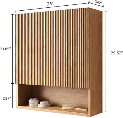 26" Wall-Mounted Striped Bathroom Cabinet, with Doors, Shelf and Open Storage Compartment Over The Toilet Storage Cabinet for Bathroom, Kitchen, Laundry Room, Natural Wood
