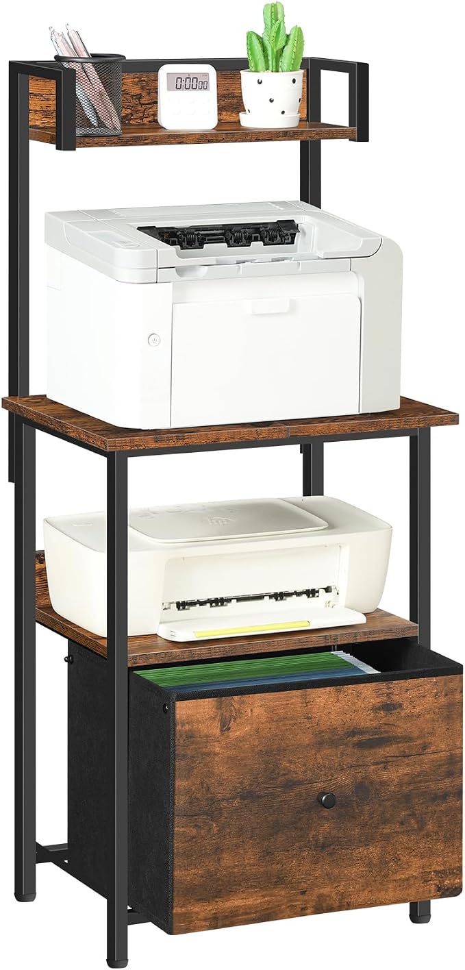 MAHANCRIS Printer Table with Storage, Home Printer Stand with File Cabinet, Fits A4/Letter Size Files, Printer Cabinet with Large Tabletop, Display Shelf, for Home Office, Rustic Brown PTHR3501