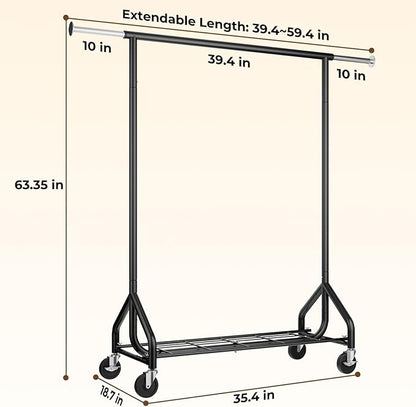 HYSEYY Heavy-Duty 450LBS Capacity Metal Clothes Rack，Rolling Clothing Rack with Wheels & Shelves, Portable Standing Wardrobe Rack for Hanging Clothes, Black (Black, L)