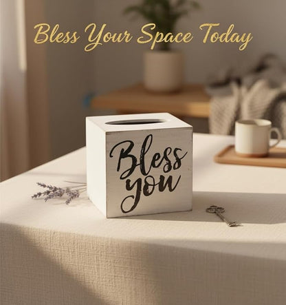 Young's Inc. Wood Bless You Tissue Box Cover - Tissue Holder for Farmhouse Bathroom Decor - Charming Rustic Bathroom Decor - 6" L x 6" W x 6" H