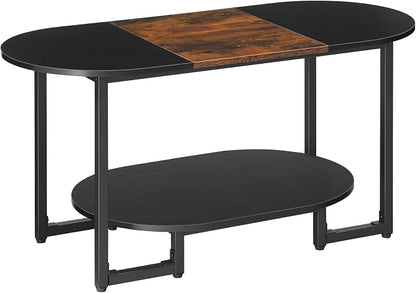 HOOBRO Coffee Table for Living Room, Oval Small Coffee Table with 2-Tier Open Storage Shelf, Industrial Cocktail Tea Table, Wooden Desktop Center Table, Home Office, Rustic Brown and Black BFK09KF01