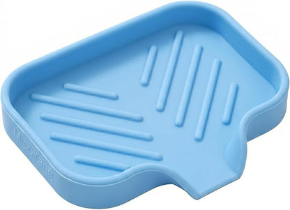 MicoYang Silicone Soap Dish with Drain Spout, Self-Draining Sink Organizer Tray for Bathroom & Kitchen, Sponges, Dispensers & Soap Holder, Non-Slip and Dishwasher Safe, Light Blue (Compact, 4.9"×3.2")