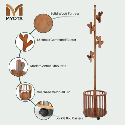 Wooden Coat Rack with Storage Basket & 12 Hooks - Freestanding Heavy Duty Rolling Coat Tree Stand with Wheels, Hat Hanger for Entryway, Hallway, Bedroom, Living Room Corner (Walnut)