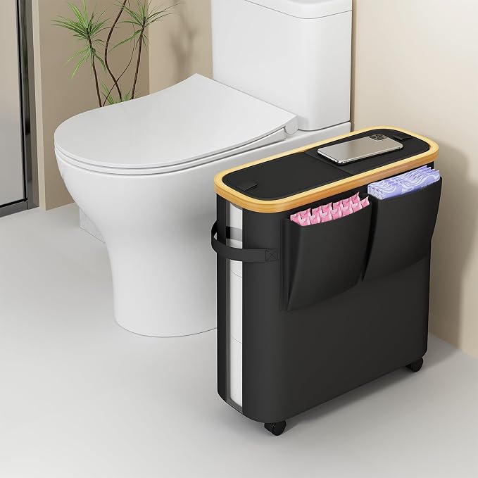 VITVITI Toilet Paper Storage Basket with Lid, Bathroom Toilet Paper Holder Organizer for 9-12 Rolls Large Capacity, Foldable Fabric Bamboo Toilet Paper Container with Pockets, Medium (Black)