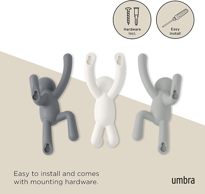 Umbra Buddy Wall Hooks – Decorative Wall Mounted Coat Hooks for Hanging Coats, Scarves, Bags, Purses, Backpacks, Towels and More, Set of 3, Grey