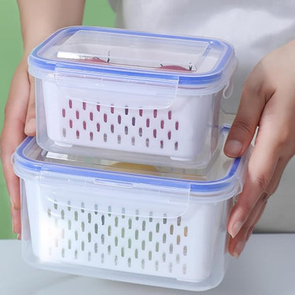 2pcs Fruit Storage Containers for Fridge, Leakproof Food Storage Containers with Removable Colander Airtight Food Storag-e Container Keep Produce Vegetables Berr-y Fresh Longer(COLOR:Clear White)