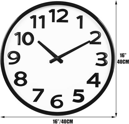 16 Inch Wall Clock - Large 3D Numbers Easy to Read, Silent Non-Ticking Battery Operated Analog Quartz Round Clock for Home, Office, Classroom, Seniors - Black