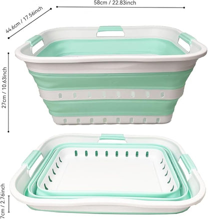 SAMMART 42L (11 gallons) Set of 2 Plastic Foldable Storage Basket/Container - Collapsible, Space Saving and Portable Laundry Hamper, Ideal for Home, Travel, Dorm (2, White/Light Green)