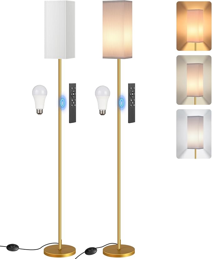 2Pack 64.2” Dimmable Floor Lamp for Living Room with Remote & Foot Switch, Corner Floor Lamp for Bedroom, Includes A19 Bulb, Modern Standing Tall Lamp, ETL Listed White and Gold DCW17LDP205