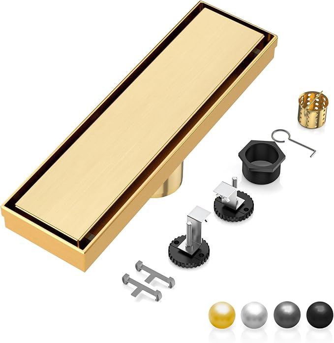 DLONE Linear Shower Drain | 12" AISI 304 Stainless Steel Linear Drain, Brushed Gold Shower Drain with Tile Insert Panel & Adjustable Feet, Long Rectangle Shower Floor Drain in Bathroom, Balcony, etc