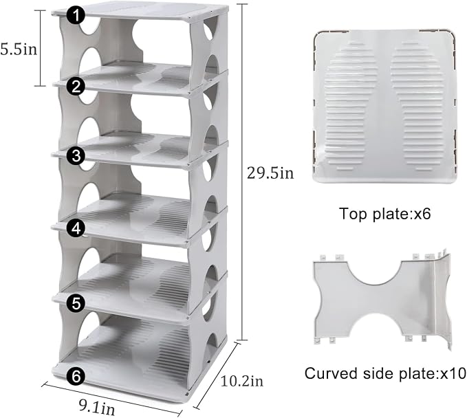 6-Tier Shoe Rack, Stackable Storage Organizer for Bedroom Entry, Adjustable Rack, Shoe Slots Shelf, Easy Tower Rack, Grey