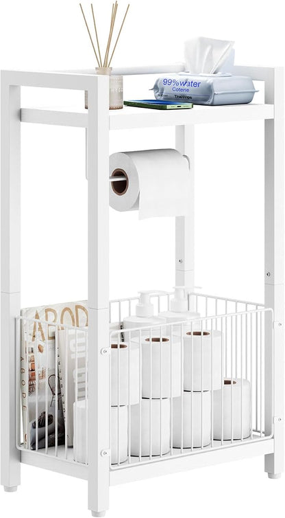 IBUYKE Freestanding Toilet Paper Holder Stand with Storage Shelf,Bathroom Toilet Tissue Roll Dispenser with Extra Space for Rolls, Magazines, Wet Wipes White TLJ020W