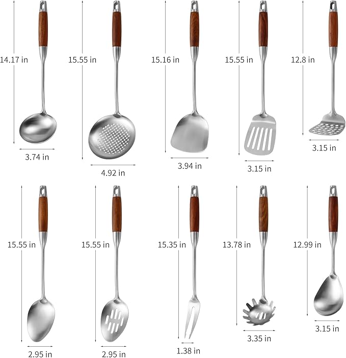 Stainless Steel Kitchen Utensils Set with Wood Handle, 18/10 Metal Cooking Utensils Set, 10 Piece - Spatula, Spoon, Ladle, Skimmer, Slotted Turners, Pasta,Turner, Ladl, Fork