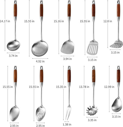 Stainless Steel Kitchen Utensils Set with Wood Handle, 18/10 Metal Cooking Utensils Set, 10 Piece - Spatula, Spoon, Ladle, Skimmer, Slotted Turners, Pasta,Turner, Ladl, Fork