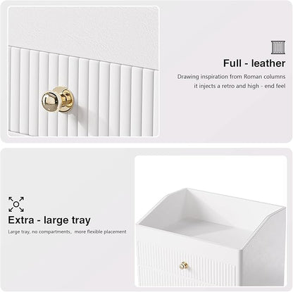 Desk Organizer,Beige White Vegan Leather Desk Accessories & Workspace Organizers with 2 Drawers & Tray,Key Holder with Gold-Tone Metal Accents knob，Jewelry Box,Nightstand