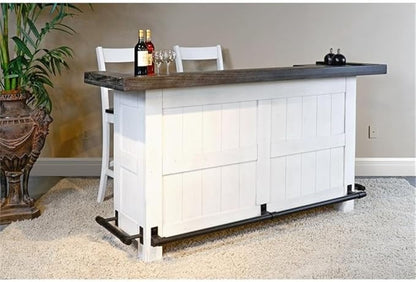 Sunny Designs Carriage House 78" Farmhouse Wood Bar Unit with Sides and Front Foot Rail, Removable Wine Storage Rack, Stemware Rack, Adjustable Shelves, in Dark Brown & White Finish