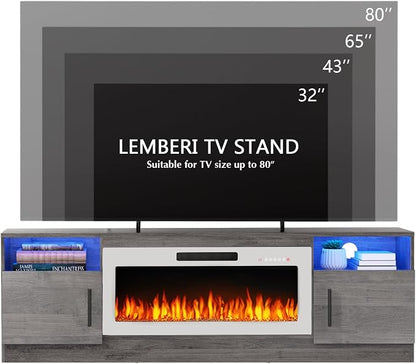 LEMBERI 70" Grey TV Stand with 36" White Electric Fireplace, 750W/1500W Entertainment Center for TVs up to 80", 20-Color LED, 300lbs Max Capacity High Gloss Cabinet, Grey & White Style