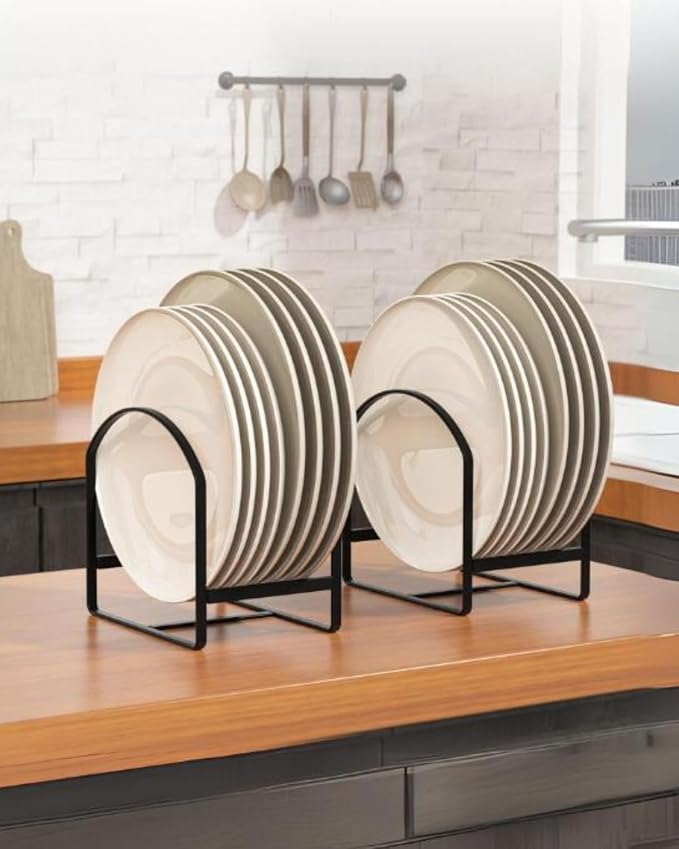 4 Pack Kitchen Plate Holder Organizer for Cabinet Space Saver Dinner Dish Plate Storage Rack Upright Dish Drying Racks Metal Dish Racks Stand for Cupboard and Countertop 2 Large 2 Small Black