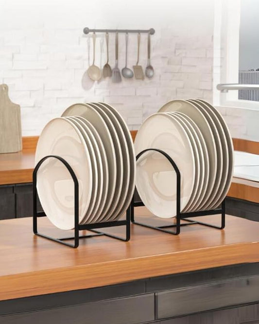 LINFIDITE 2 Pack Kitchen Plate Holder Organizer for Cabinet Space Saver Dinner Dish Plate Storage Rack Upright Dish Drying Racks Metal Dish Racks Stand for Cupboard and Countertop Large Black