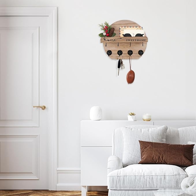 Key Holder for Wall, Key and Mail Holder Organizer - Key Holder Wall Mount with Bouquet Shelf and Key Hooks, Round Wooden Rustic Key Rack for Entryway and Home Decor (Wood)