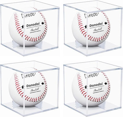 4 Pack Baseball Display Case UV Protected Acrylic Clear Baseball Holder Square Cube Ball Protector Memorabilia Autograph Display Box for Official Size Baseball, Clear