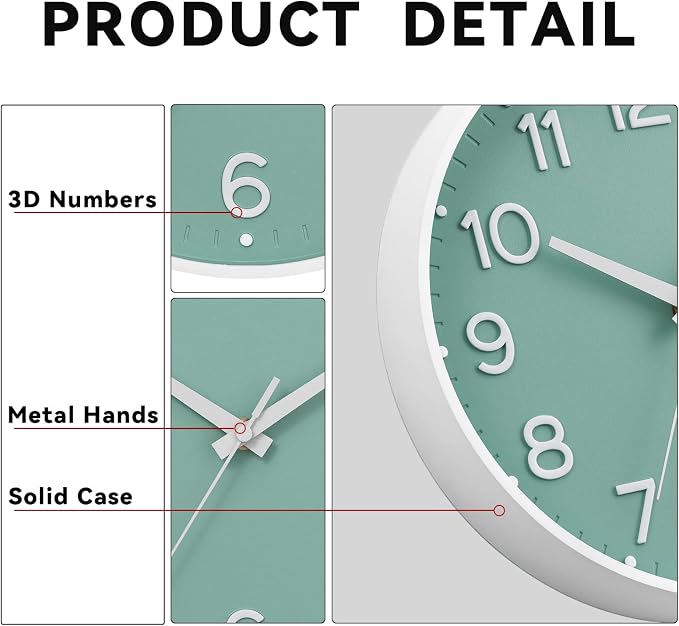 Roymnie Wall Clock Green, Silent Wall Clocks Battery Operated 8 Inch-Modern Non Ticking Analog Clock Decorative for Kitchen Office Bathroom Bedroom(Mint Green)