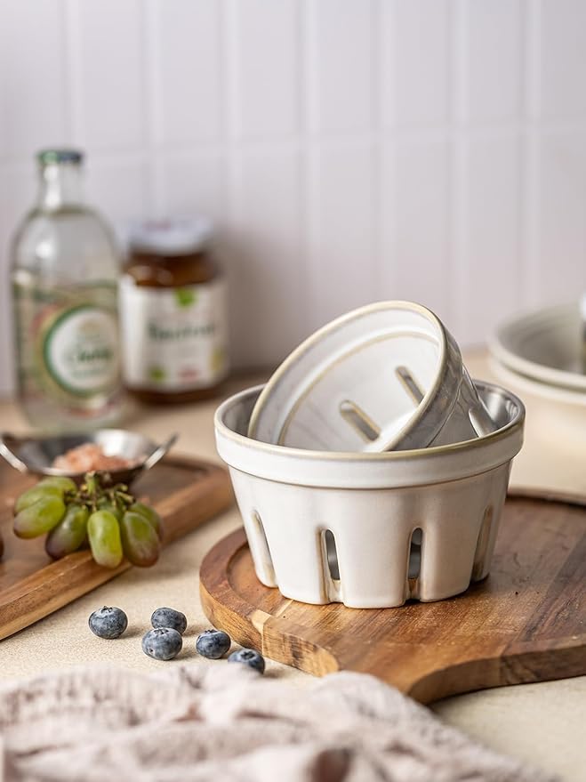 Gomakren Ceramic Fruit Basket Set of 2, Round Fruit Bowl with Holes, Fruit Storage Containers for Fridge, Small Berry Basket for Kitchen Counter, Berries, Strawberry, Grape, Cherry, White