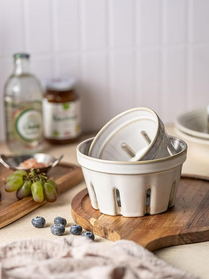 Gomakren Ceramic Fruit Basket Set of 2, Round Fruit Bowl with Holes, Fruit Storage Containers for Fridge, Small Berry Basket for Kitchen Counter, Berries, Strawberry, Grape, Cherry, White