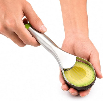 Emptycolor Avocado Slicer Tool, 3-in-1 Stainless Steel Avocado Cutter, Pitter & Peeler, Multi-Function Avocado Tool for Slicing, Scooping, and Pit Removal, Kitchen Gadget with Green Plastic Handle