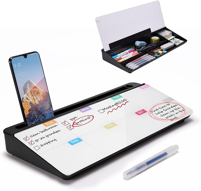 TSJ OFFICE Whiteboard Weekly Dry-Erase-Board - Desktop White Board Calendar Desk Organizers with Accessories Computer Keyboard Stand with Drawer, for Office, Home, School Supplies