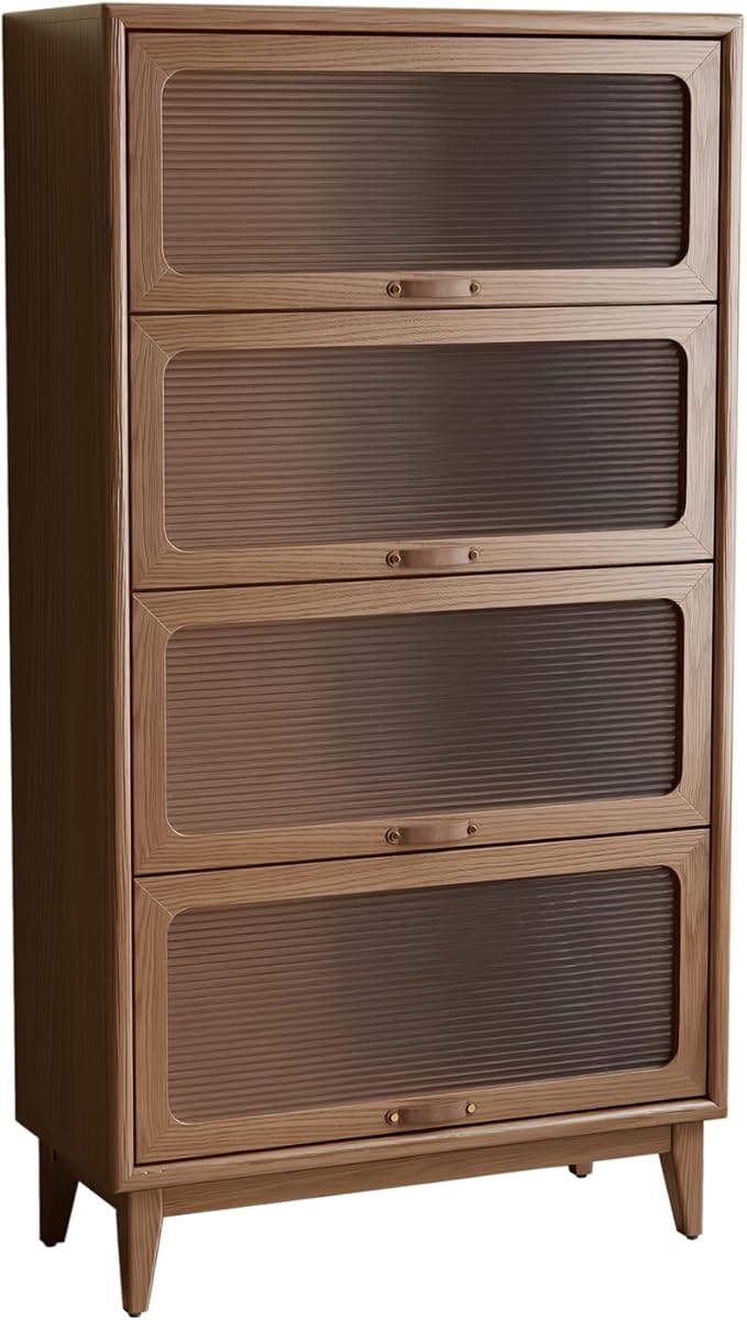 Solid Wood Bookcase 4 Tier Bookshelves with Tempered Glass Flip-Up Doors 60Hx12.5Dx32W" Brown Finish Cube Storage Organizer, Bookshelf Versatile Pantry Cabinet with Storage for Kitchen Home Office