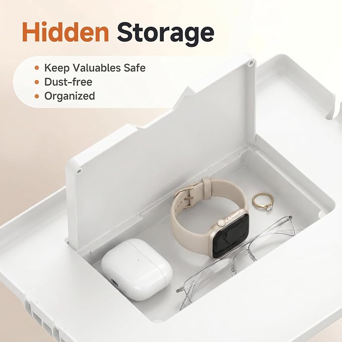 Space-Saving Clamp-On Bedside Tray, Tool-Free Floating Nightstand with Hidden Compartment & Cord Slots, 13x9.5 Bed Shelfie for Rails up to 2.9", White