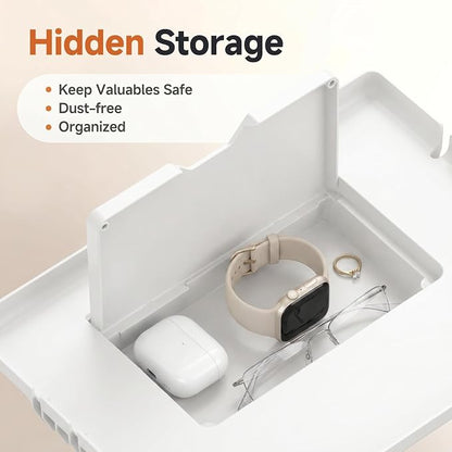 Space-Saving Clamp-On Bedside Tray, Tool-Free Floating Nightstand with Hidden Compartment & Cord Slots, 13x9.5 Bed Shelfie for Rails up to 2.9", White